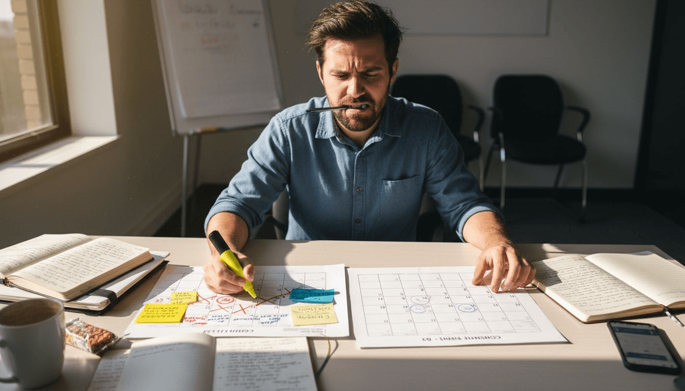 Worker analyzing overlapping event calendars