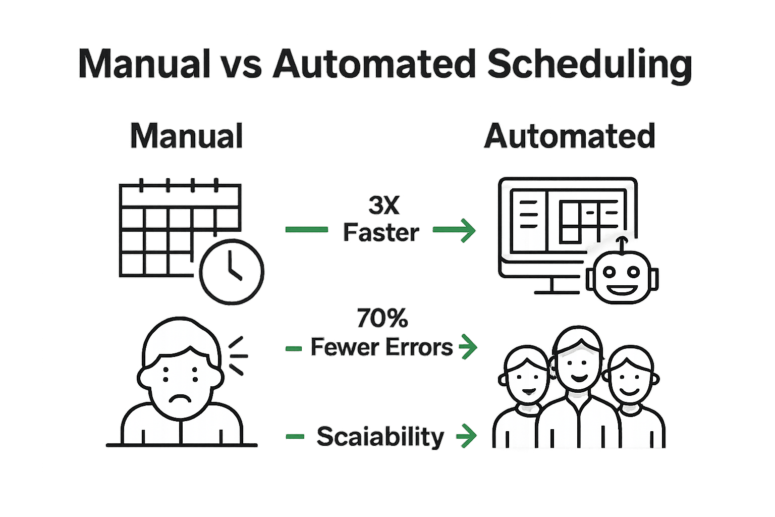 Infographic comparing manual vs automated scheduling with icons and arrows.