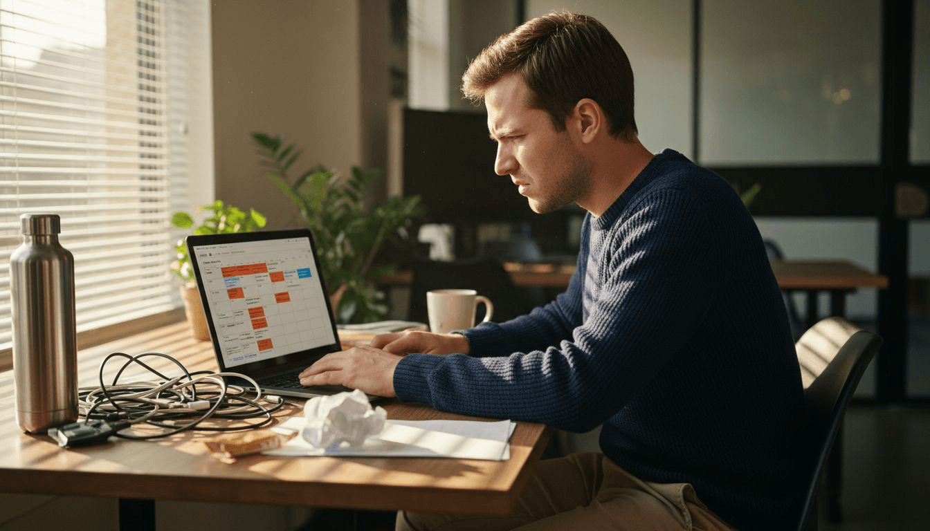 Frustrated user with schedule conflicts on laptop