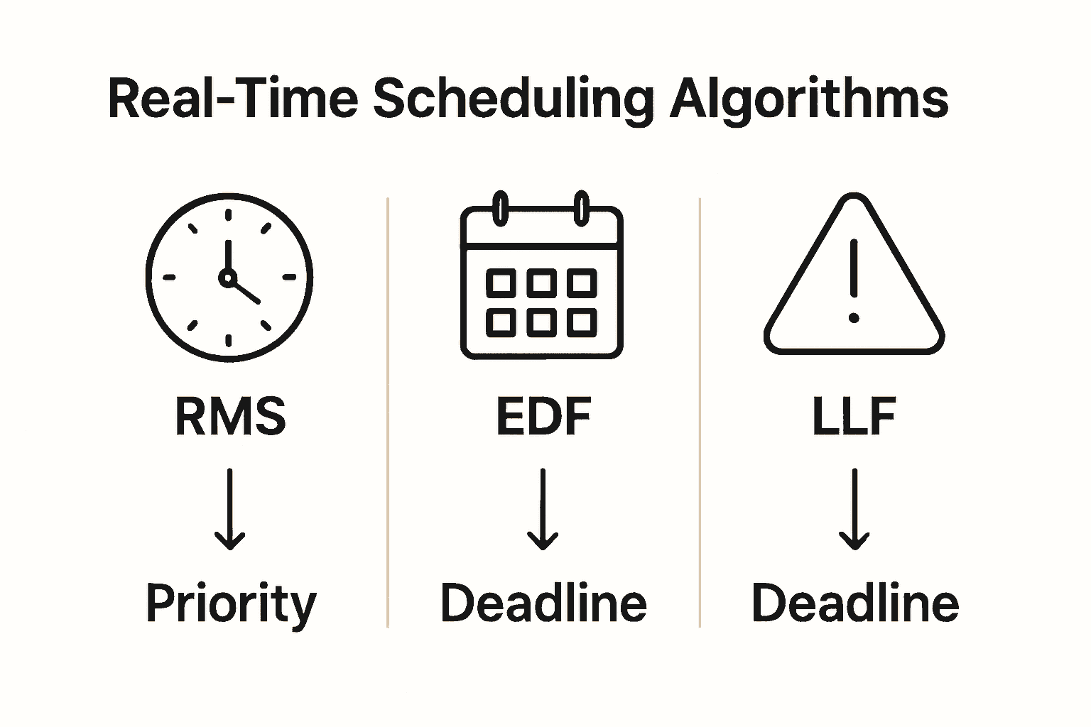 Infographic comparing RMS, EDF, and LLF real-time scheduling algorithms with icons and comparison columns